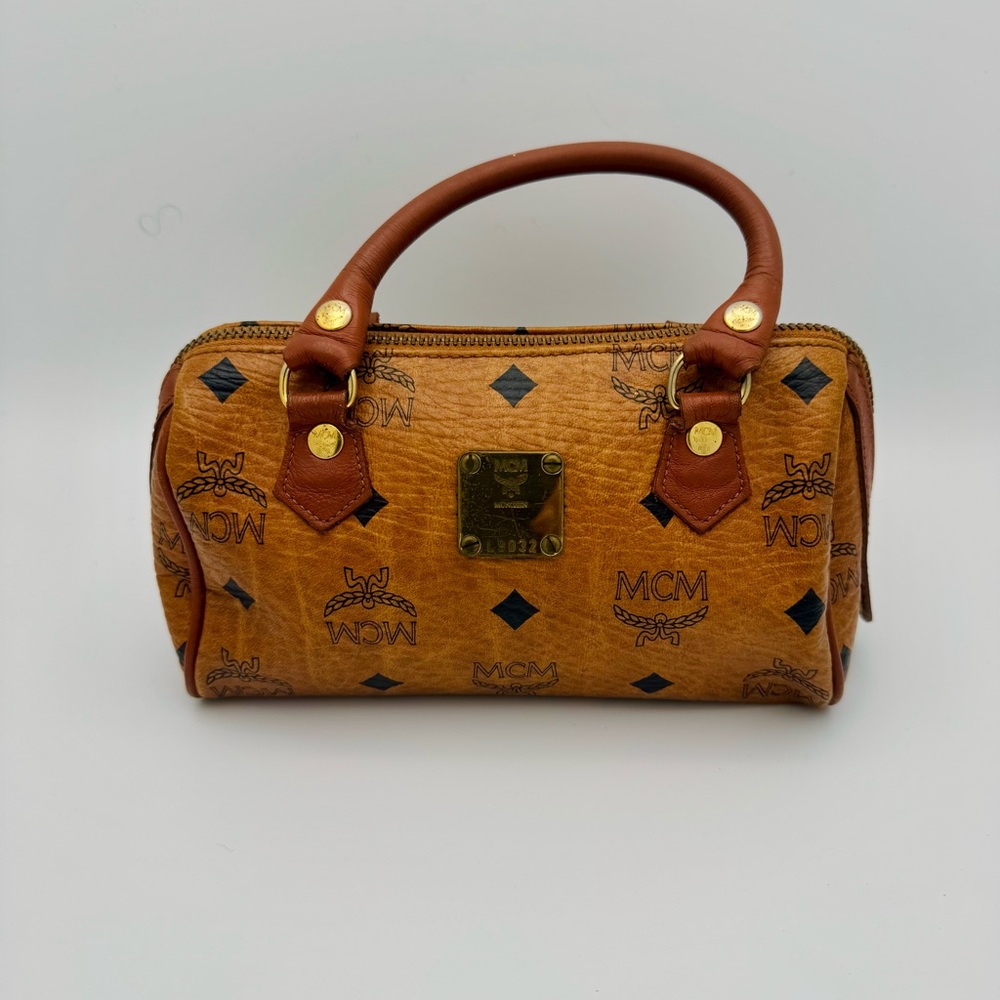 MCM Tan Leather Small Boston Bag in Visetos - Picture 6 of 12